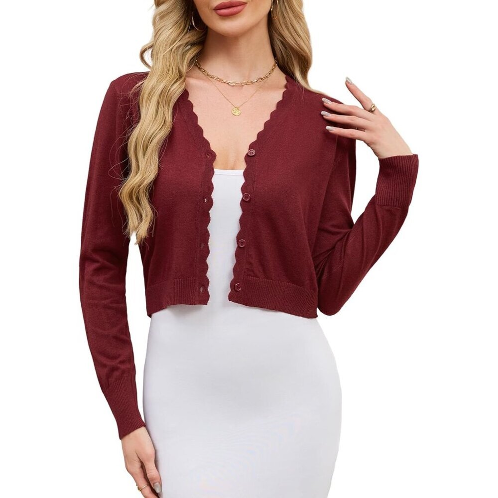 Women's Cropped Cardigan V Neck Long Sleeve Button Ribbed Sweater